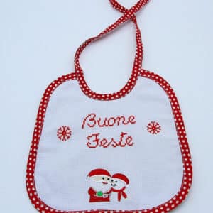 Bavaglio Buone feste bambino ricamato a mano. Ricami fatti a mano a Verona. Bavaglina neonato