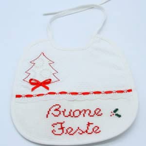 Bavaglio Buone feste bambino ricamato a mano. Ricami fatti a mano a Verona. Bavaglina neonato