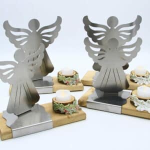 Angelo di Natale in acciaio inox con base in legno